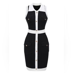 *VINTAGE* 1960S Black & White Knitted Lapel Patchwork Dress SMALL